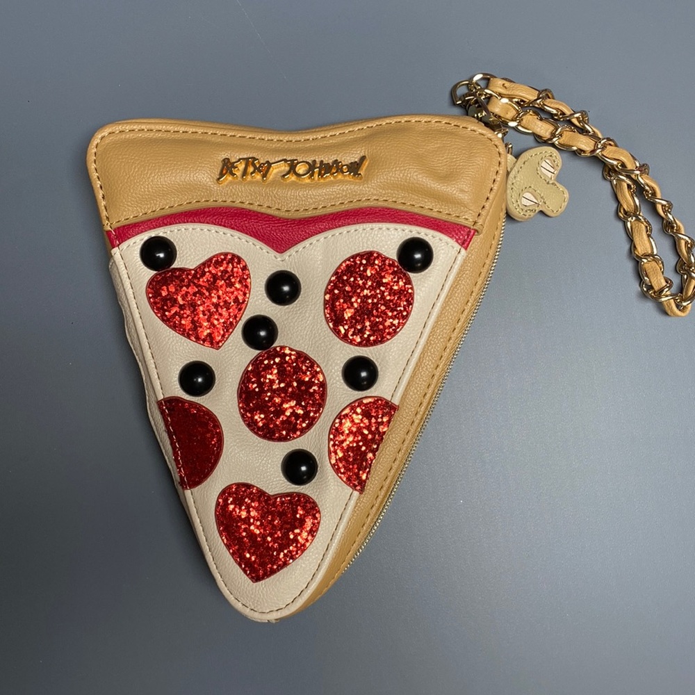 Betsey Johnson pizza shaped wristlet purse.